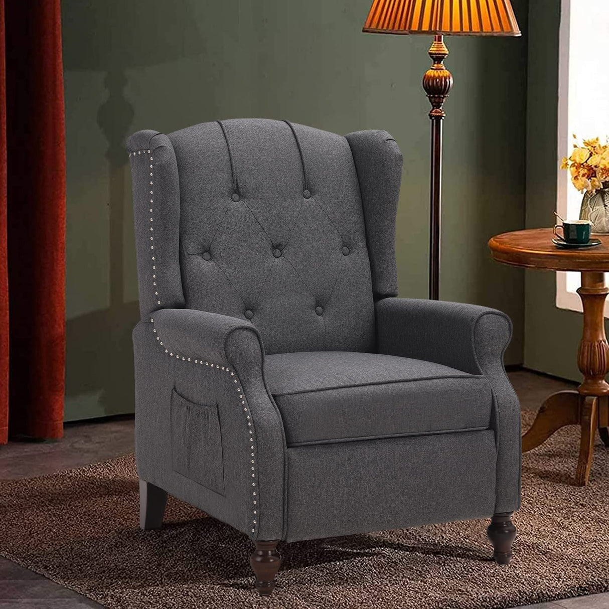 B BAIJIAWEI Tufted Wingback Recliner - Massage & Heat Function - Fabric Push Back Recliner with Remote Control, Adjustable Backrest (Grey) B BAIJIAWEI