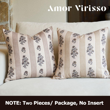 Amor Virisso Floral Throw Pillow Covers 18x18 Set of 2 Block Print Pillow Covers Neutral Floral Striped Farmhouse Decorative Pillow Covers for Sofa Couch Bed, Brown Amor Virisso