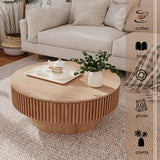 Round Coffee Table with Storage, Modern Wooden Coffee Table with Solid Wood Veneered, Circle Center Table Accent Tea Table for Living Room Apartment Small Space (31.5''L × 31.5''W × 14''H, Natural) FGXJY