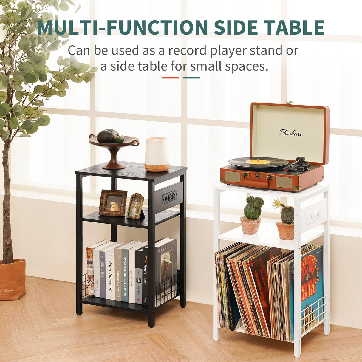 Yoobure Record Player Stand, 3-Tier End Table with Charging Station, Small Side Table for Living Room Bedroom, Nightstand for Vinyl Storage, Tall Beside Tables Turntable Stand for Album CD Yoobure