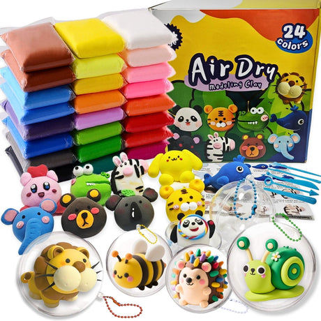 Air Dry Clay Kit,24 Colors Modeling Clay with 5 Sculpting Tools,4 Plastic Balls,Ball Chains and Tutorials,Foam Clay,Model Magic Clay - DIY Present for Boys & Girls NafuXiaJJia