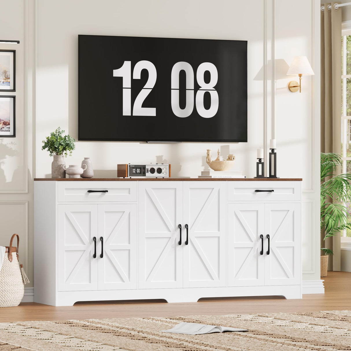 BOTLOG 71” Large Sideboard Buffet Cabinet with Storage, Farmhouse Kitchen Buffet Cabinet with Adjustable Shelves and 6 Barn Doors, Wood Coffee Wine Bar Console Table for Kitchen, Dining Room, White BOTLOG