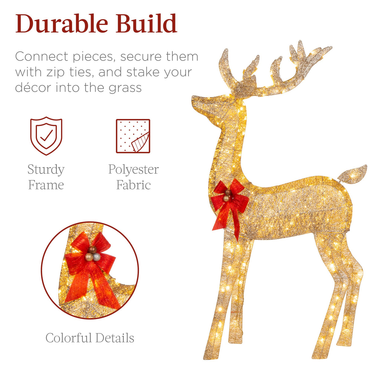 Best Choice Products 3-Piece Large Lighted Christmas Deer Family Set 5Ft Outdoor Yard Decoration with 360 LED Lights, Stakes, Zip Ties - Gold Best Choice Products