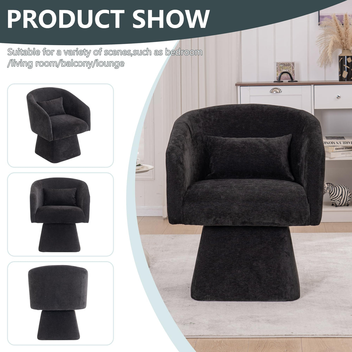 IHDKO 34" Swivel Barrel Chairs Set of 2, Modern Swivel Accent Chair with 360° Rotation Design, Ergonomics Design, Chenille Small Armchair with Backrest for Living Room, Bedroom, Reception Room, Black IHDKO