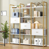 Nosepen 73.6" Tall Bookshelf with 3 Drawers and 16 Storage Shelves, Industrial Bookcase with 16 Open Display Shelves, Large Etagere Bookshelf, Triple Wide Book Shelf Book Case for Home & Office, Gold Nosepen