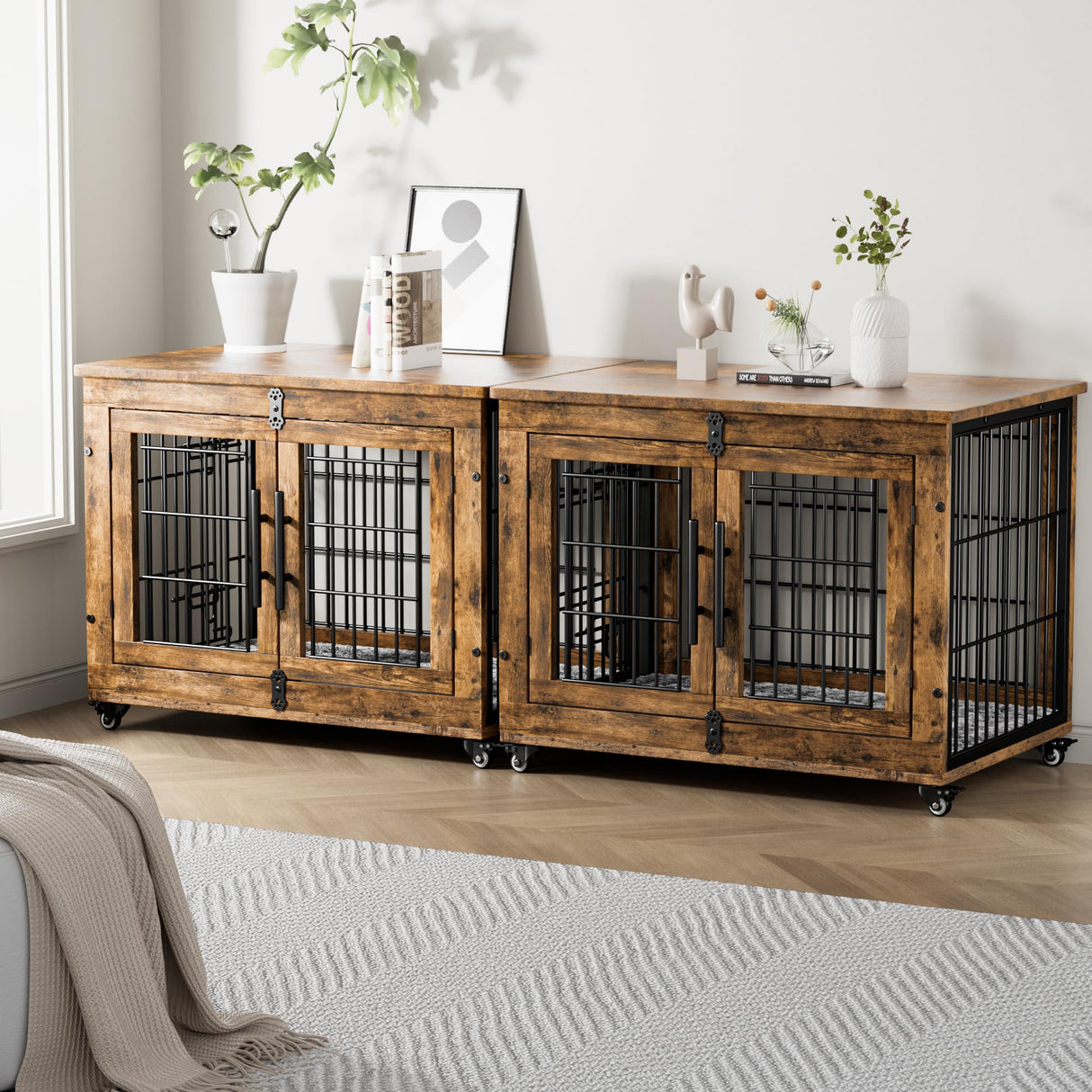 Lulive Dog Crate Furniture, Dog Kennel Indoor Double Doors Wooden Dog Cage, 33'' Heavy Duty Dog Crate with Cushion & Wheels, Decorative End Table Pet House Chew-Resistant for Medium/Small Dog, Brown Lulive