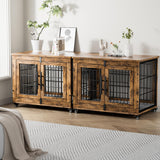 Lulive Dog Crate Furniture, Dog Kennel Indoor Double Doors Wooden Dog Cage, 33'' Heavy Duty Dog Crate with Cushion & Wheels, Decorative End Table Pet House Chew-Resistant for Medium/Small Dog, Brown Lulive