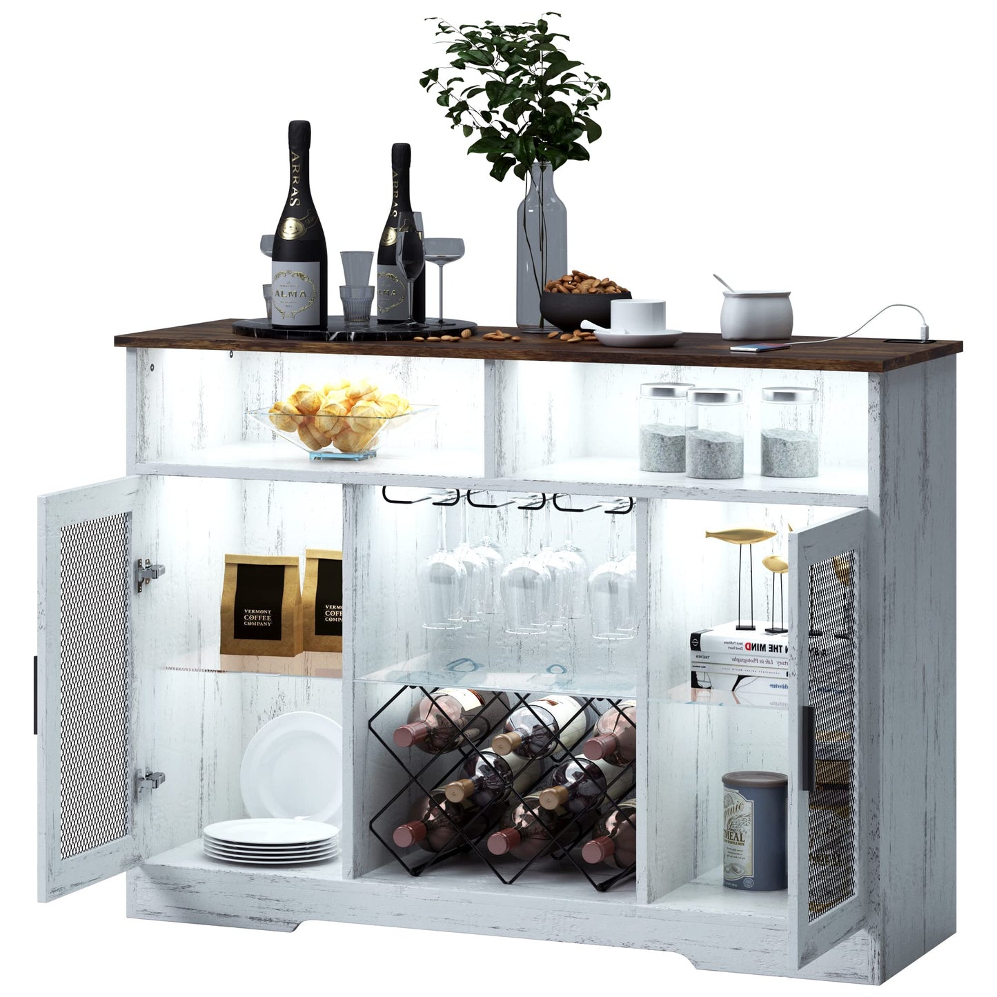 LVSOMT Bar Cabinet with Wine Rack and Glass Holder, LED Sensor Lights Farmhouse Coffee Bar Cabinet for Liquor and Glasses, Sideboard Buffet Cabinet with 2 Shelves 4 Adjustable storage Mesh Do - WoodArtSupply