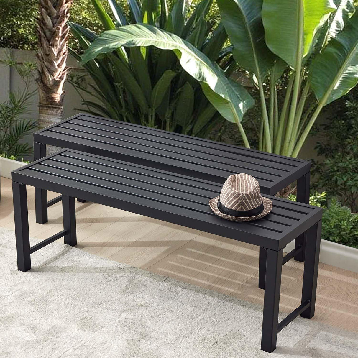 Black Outdoor Backless Bench for Garden, Set of 2, Metal Outdoor Bench Weatherproof, Patio Benches for Outdoors, Benches Seat for Backyard, Porch, Plant Stand and Holder Stabrech