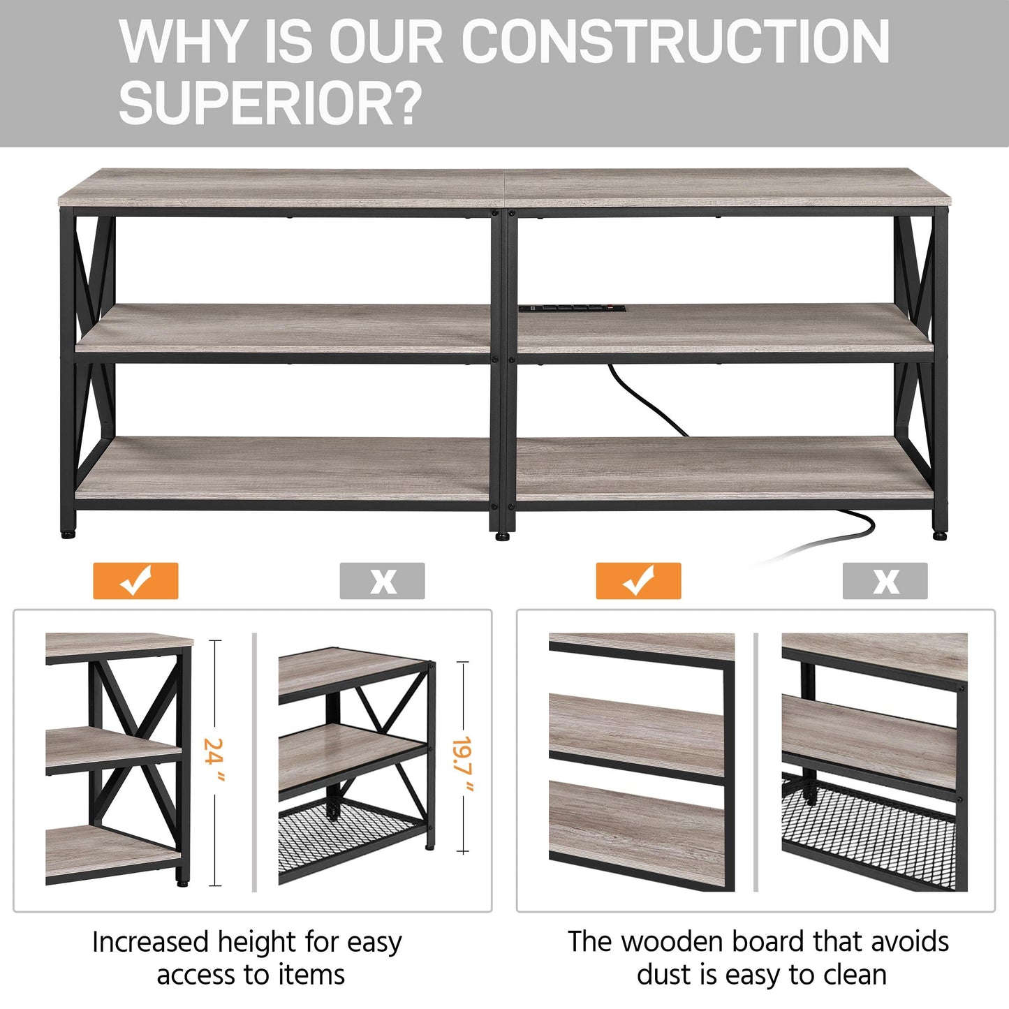 Yaheetech TV Stand with Power Outlet for 75 Inch TV, 3 Tiers TV Storage Cabinet Entertainment Center, Retro 63 Inch Long TV Console Table with Charging Station for Living Room, Gray