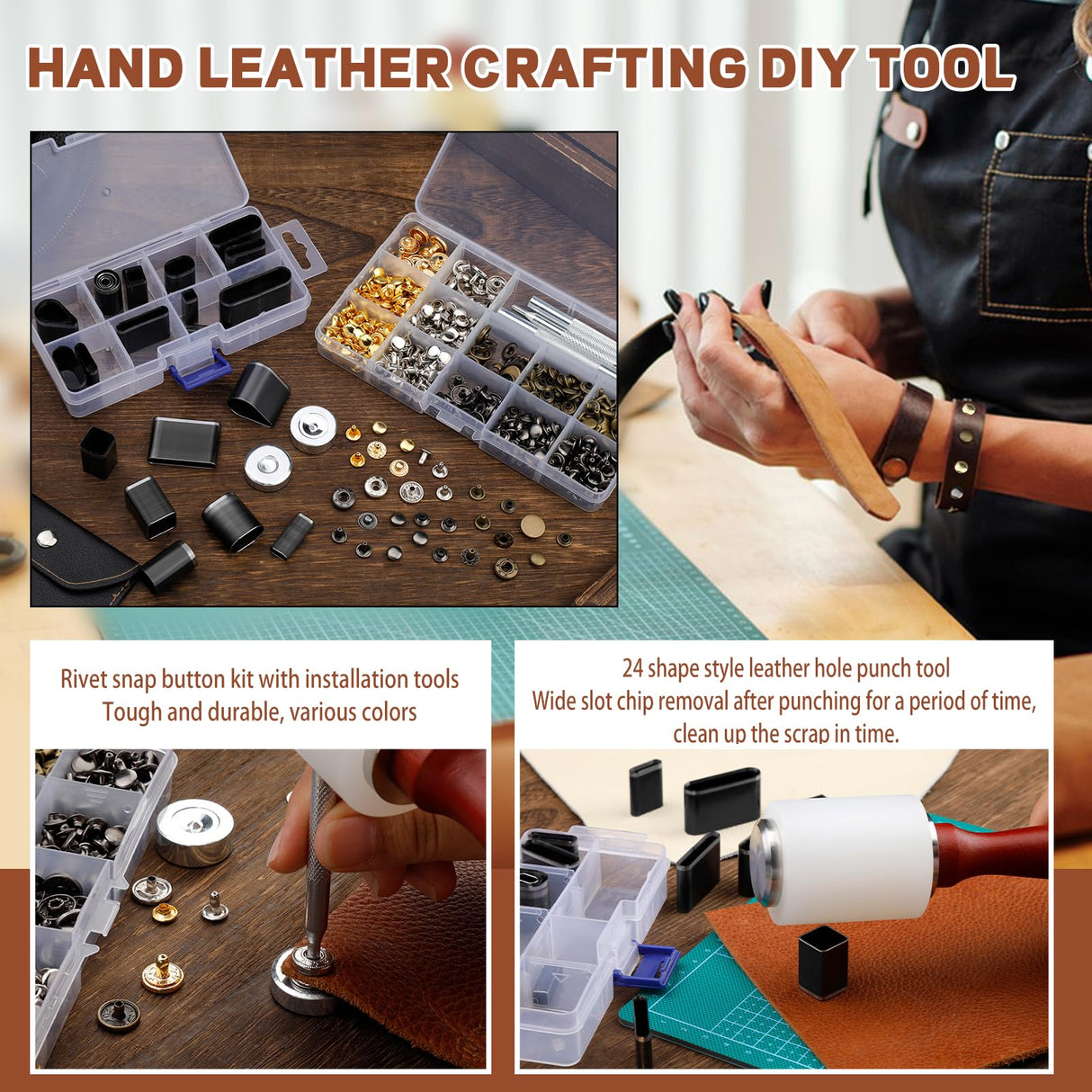 Leather Working Tools Kit, Leather Tooling Kit with Double Layer Storage Box, Heavy Duty Sewing Kit, Professional Working Tools and Supplies for DIY Stamping Cutting Engraving Punching Sewing FOUSNOW