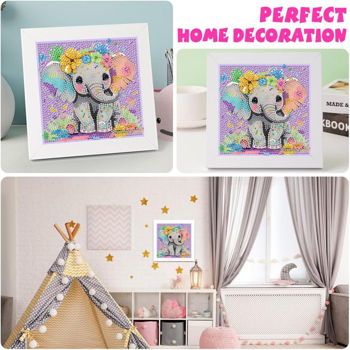 Elephant Diamond Art Painting Kits for Kids with Frame, Animal Diamond Art for Kids Ages 4-8-12, Easy Kid Gem Painting Kit with Beautiful Package for Gift Home Wall Decor (7x7 inch) xackcme