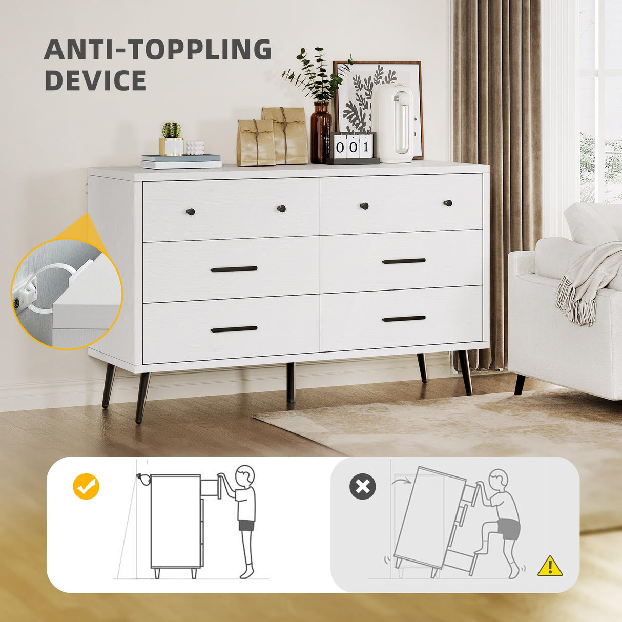 DWVO White 6-Drawer Modern Dresser with Black Metal Handles, Wooden Chest of Drawers with Anti-Tip Safety Design, Stylish Storage Cabinet for Bedroom, Living Room, or Entryway DWVO