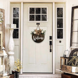 MayAvenue Welcome Wreaths Decor Sign Front Door, Round Wood Hanging Sign with Ribbon Bow and Artificial Green Leaves, Farmhouse Porch Decorations for Home Thanksgiving, Brown DOFAFALA