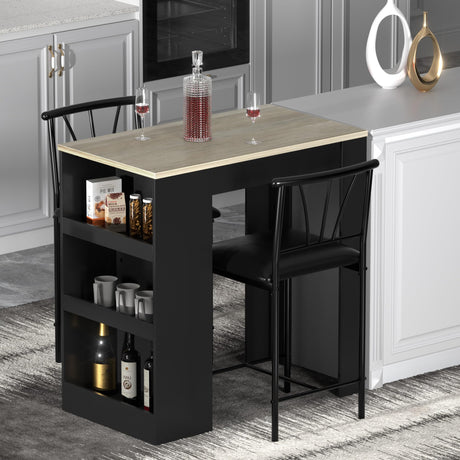 VECELO Small Bar Table and Chairs Tall Kitchen Breakfast Nook with Stools/Dining Set for 2, Storage Shelves, Space-Saving, Gray VECELO