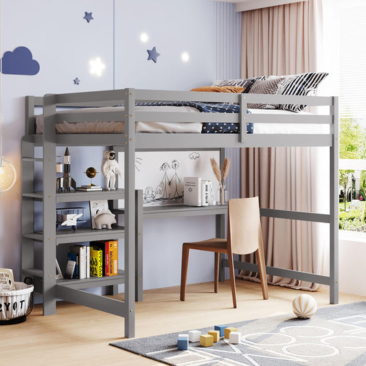 Harper & Bright Designs Full Size Gray Loft Bed with Integrated Desk, Bookshelf, and Writing Board - WoodArtSupply