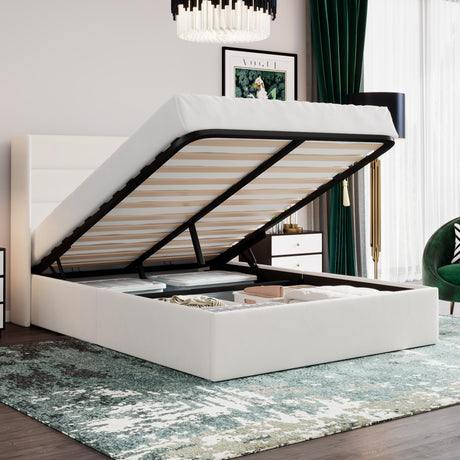 SHA CERLIN Queen Size Lift Up Storage Bed/Velvet Upholstered/Modern Wingback Headboard/Upholstered Platform Bed Frame/Hydraulic Storage/No Box Spring Needed/White SHA CERLIN