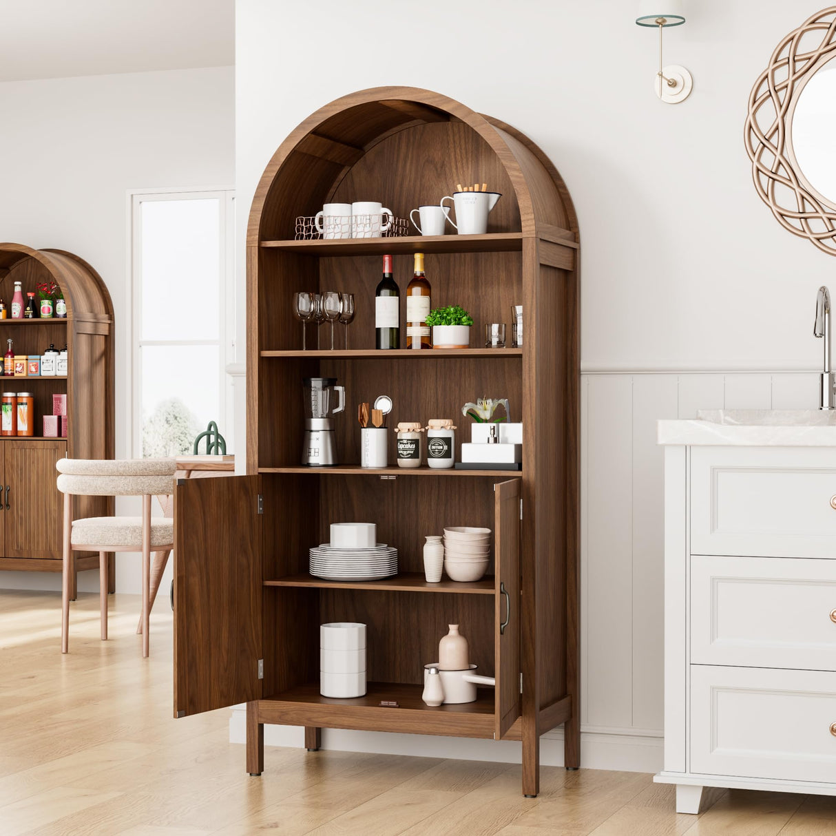 Lxsxlome 70.9" Arched Bookcase Bookshelf with Fluted Doors,5 Tier Mid-Century Modern Bookshelf Storage Cabinet,Wood Standing Tall Bookcase with Open Display Shelf for Home Office Living Room Bedroom Lxsxlome