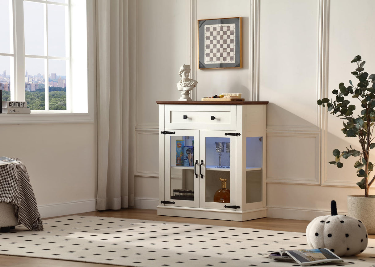 FOREST GRAVITY 31.5'' Modern Small Buffet Cabinet with Storage,Buffet Sideboard with Two Glass Doors and a Drawer,Coffee bar Cabinet with Adjustable Shelf,for Kitchen and Dining,Antique White FOREST GRAVITY