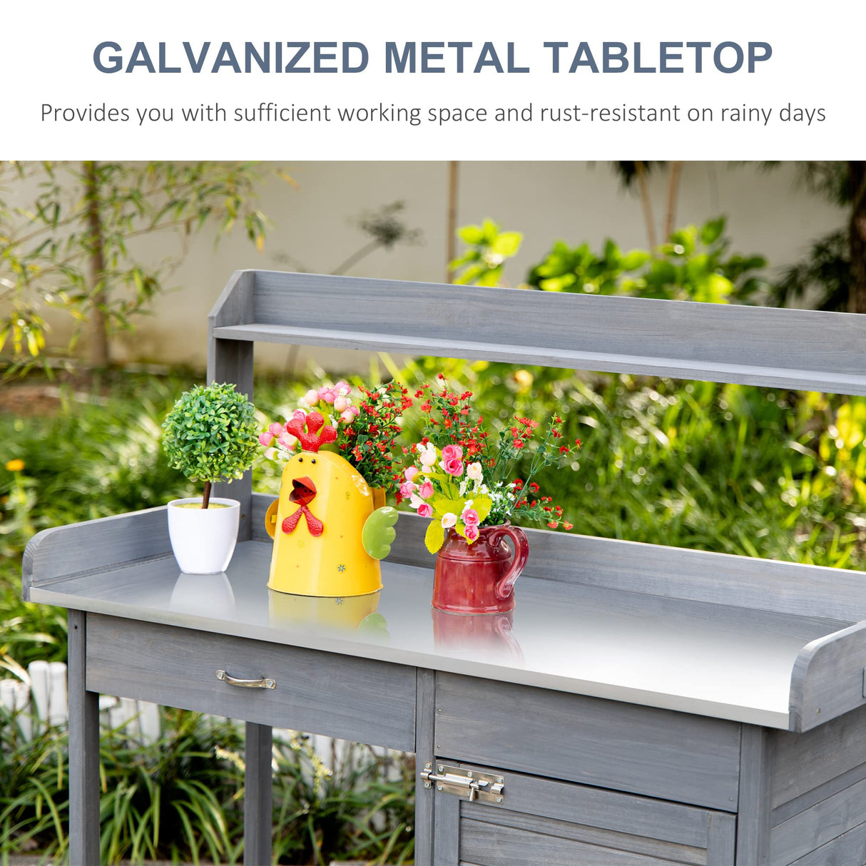 Outsunny Outdoor Potting Bench Table, Garden Work Station with Storage Cabinet, Open Shelf and Steel Tabletop, Gray Outsunny