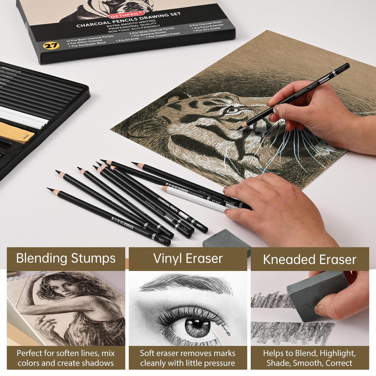 27 Piece Charcoal Drawing Set - Professional Black & White Charcoal Pencils for Sketching, Shading & Blending, Graphite Sticks with Artist Art Supplies Kit (Beginners & Professionals) GETHPEN