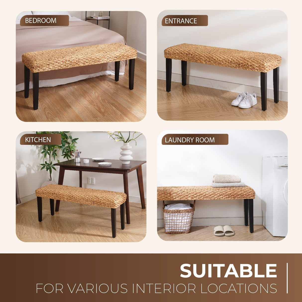 AV CONNECT Acacia Solid Wood Bench with Woven Water Hyacinth Seat, Entryway Bench, Wicker Benches Indoor for Hallway, End of Bed, Kitchen, Rustic Farmhouse Boho (Plait Style - Black Leg) AV CONNECT