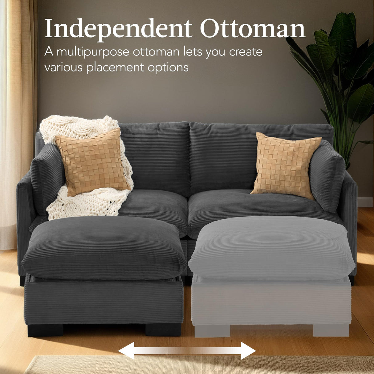 Best Choice Products 82in Modular Cloud Pillowtop Loveseat Sofa, Deep Seat Sectional Couch w/Storage Ottoman, Plush Corduroy Fabric, Real Wood Frame and Legs – Gray Best Choice Products