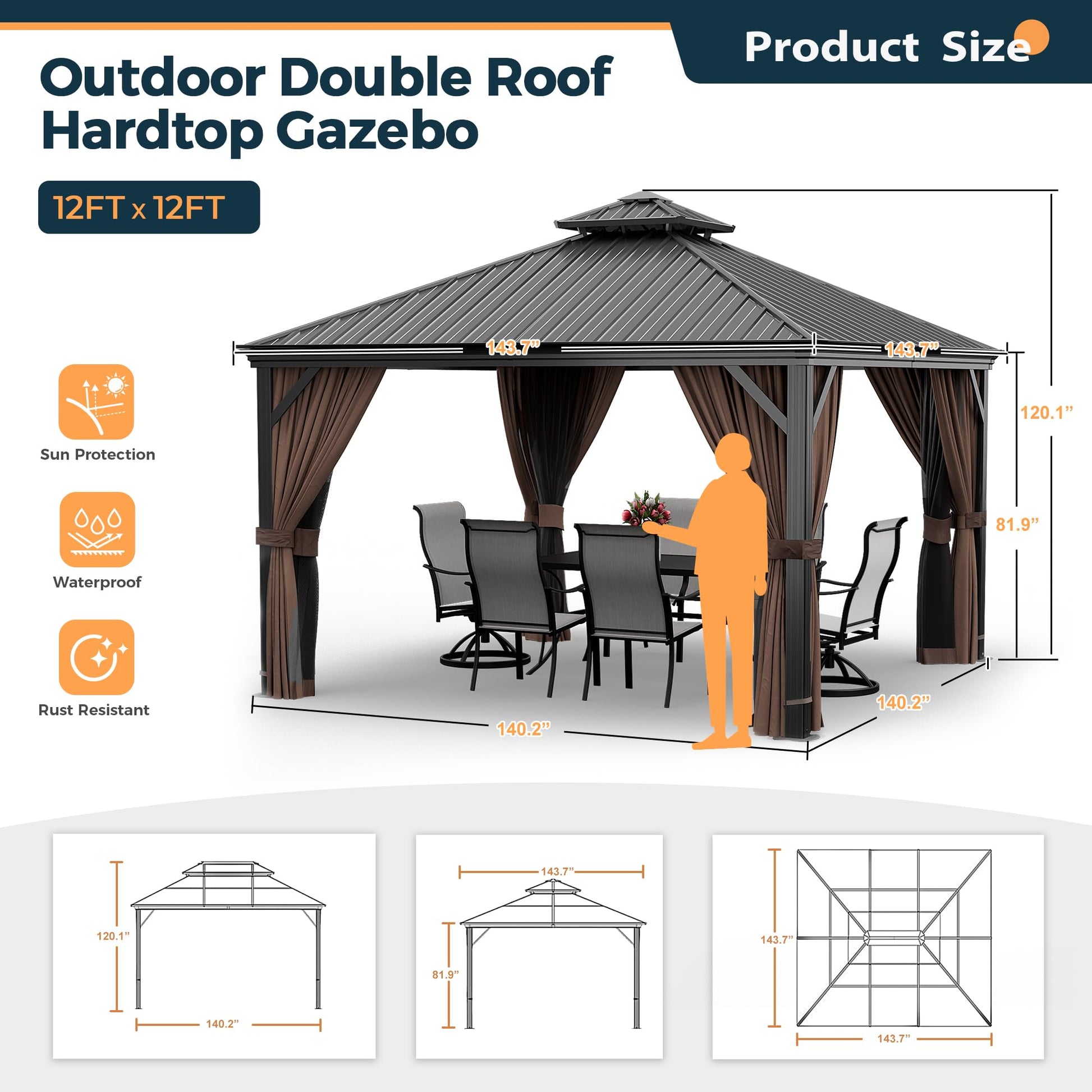 HAPPATIO 12' x 12' Hardtop Gazebo, Outdoor Aluminum Gazebo with Galvanized Steel, Double Roof Permanent Patio Metal Gazebo Canopy with Netting and Curtains for Garden, Patio, Lawns, Parties ( - WoodArtSupply