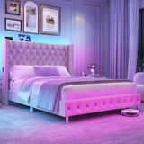 Queen Velvet Upholstered Bed Frame with Wingback Headboard, LED Lights, USB & Type-C Ports, Cream Hlivelood