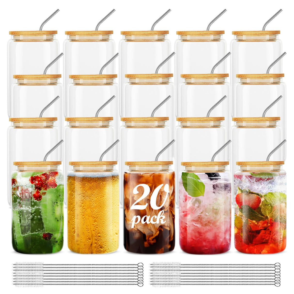 ASKIZ [20Pcs Set] Glass Cups With Bamboo Lids And Straws,16Oz Glass Water Bottles Glass Jars Cups Drinking Glasses, Beer Glasses Ice Coffee Glasses For Juicing Coffee Soda Tea ASKIZ