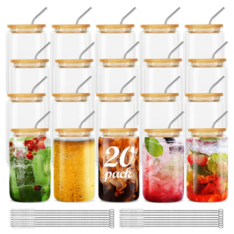 ASKIZ [20Pcs Set] Glass Cups With Bamboo Lids And Straws,16Oz Glass Water Bottles Glass Jars Cups Drinking Glasses, Beer Glasses Ice Coffee Glasses For Juicing Coffee Soda Tea ASKIZ