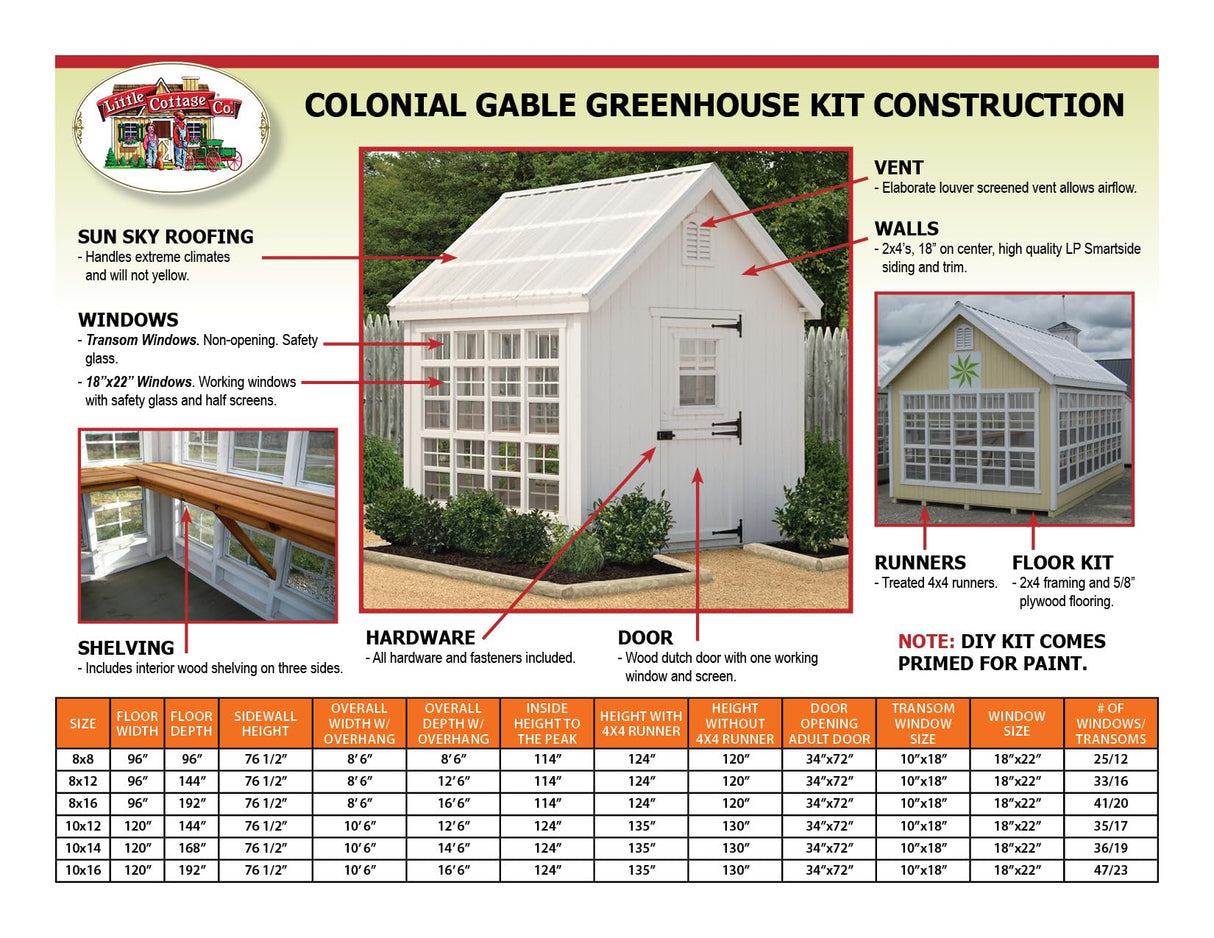 Little Cottage Co. 8x12 Colonial Gable Greenhouse with Floor - Wood DIY Kit for Garden, Backyard, Lawn Little Cottage Co.