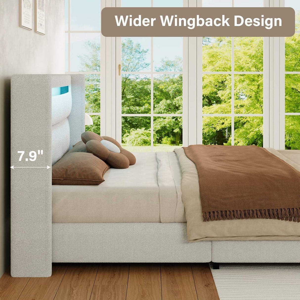 HOMBCK King Size Bed Frame with LED Lights and Headboard, Boucle Upholstered Platform Bed with Wingback Design, Modern Soft Bed Frame, No Box Spring Needed, Easy Assembly, Beige HOMBCK