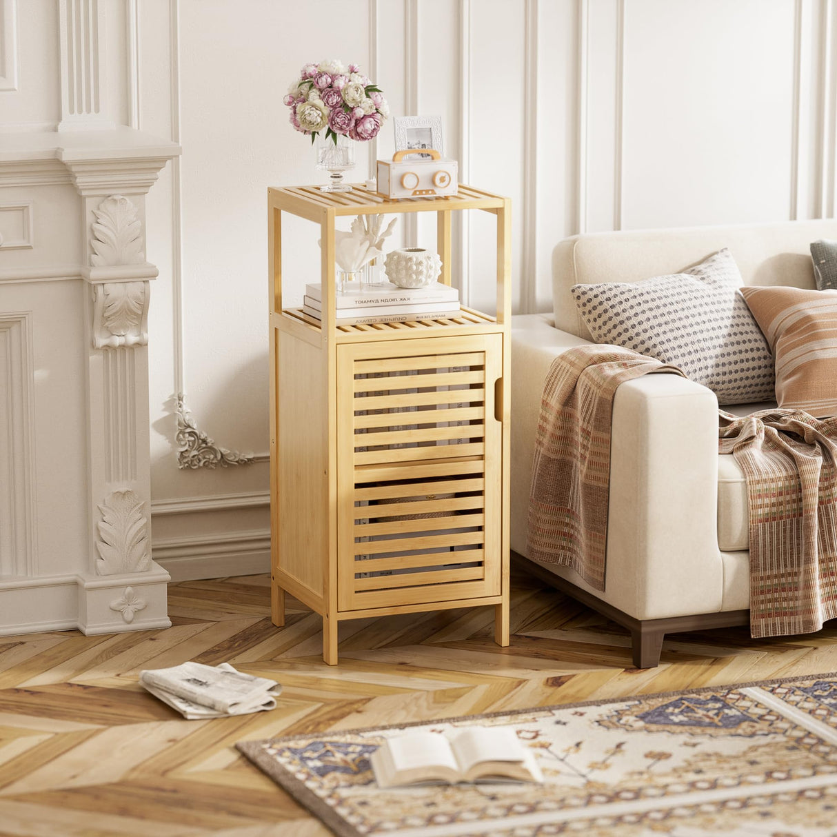 HITNET Bathroom Cabinet Freestanding, Small Bamboo Floor Cabinet, 4 Tier Single Door Sofa Side Table Storage Organizer, Space Saving Kitchen Cupboard, Natural HITNET