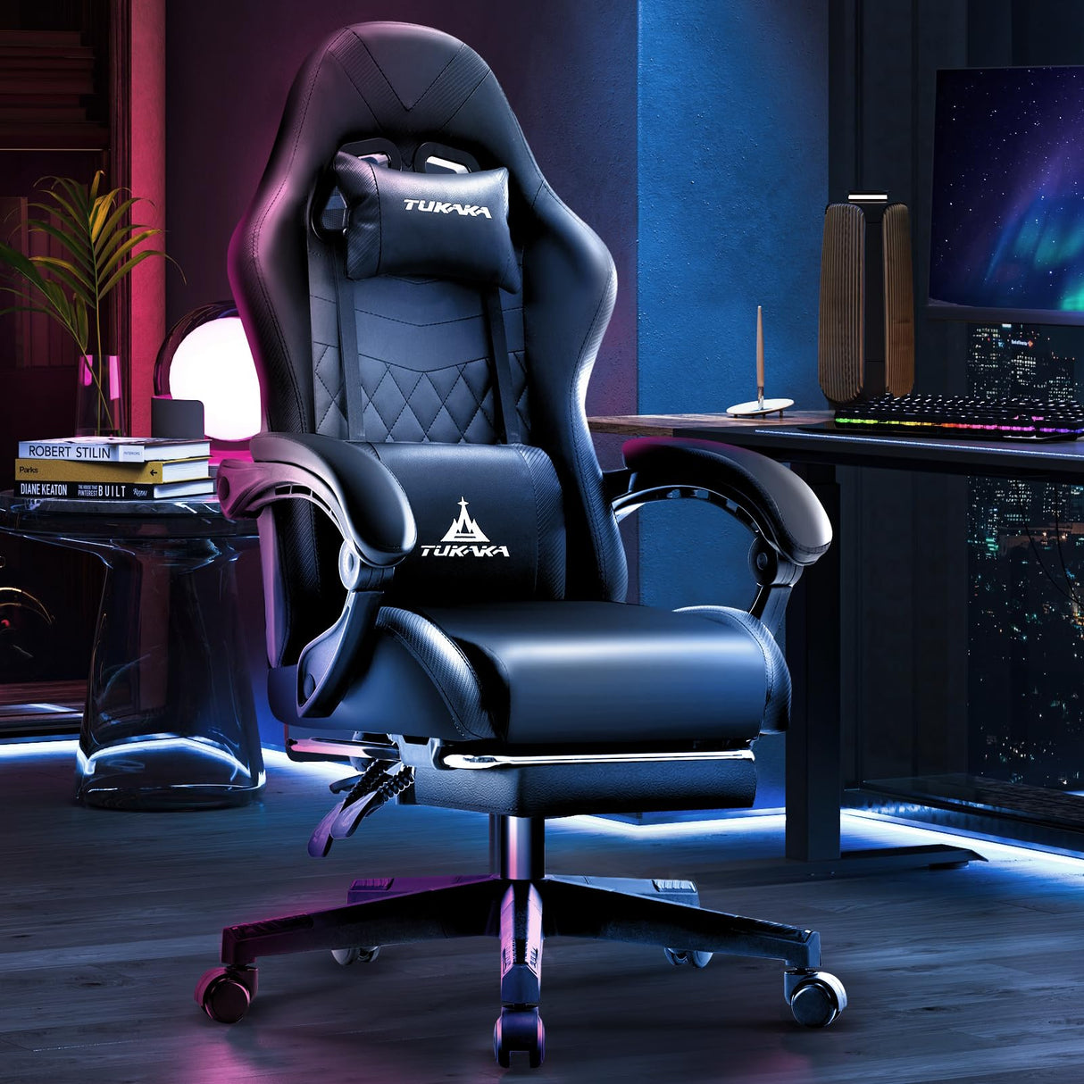 TUKAKA Gaming Chair,Ergonomic Massage Computer Office Desk Chair with Footrest,Pocket Spring Cushion,Reclining Leather Adjustable Gamer Chair with Headrest and Lumbar Support,Black TUKAKA
