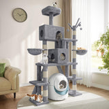 Meowloday 74" Cat Tree for Self-Cleaning Litter Box, Tall Cat Tree Tower with Scratching Posts Condos Hammocks Dangling Balls, Kittens Tower Furniture for Large Automatic Litter Box, Grey Meowloday