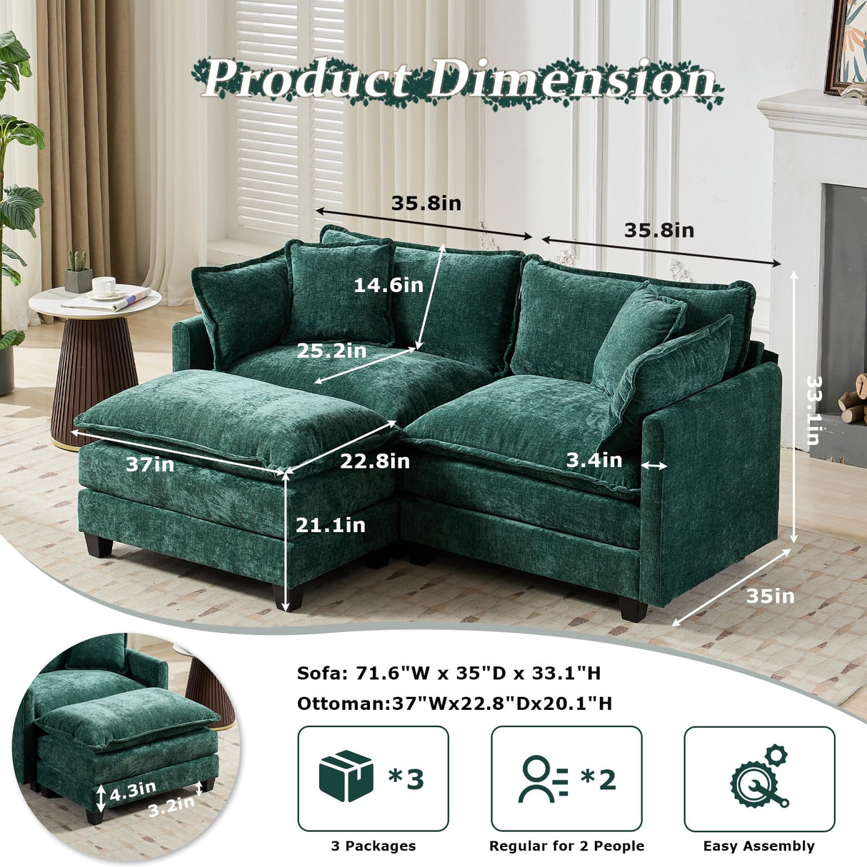 SoarFlash Chenille 71.6" Sectional Sofa, Comfy L Shaped Modular Coush Sofa with Ottoman, Modern 2 Seat Couch Deep Seat Sofa Set for Living Room,Green SoarFlash