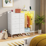 HIGDBFE 8-Drawer Dresser with Hanging Rack, Fabric Dresser with Charging Station & LED Lights, 42" W Dressers with Wooden Top for Clothes Storage, Fabric Chest of Drawers for Bedroom, White HIGDBFE