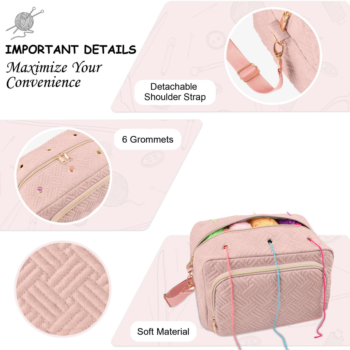 Crochet Bag Organizer, Yarn Storage Organizer, Yarn Holder for Crochet with Adjustable Shoulder Straps, Knitting Bag for crocheting, Crochet Hook Case Gifts for Crocheters (Pink) Uawsyut