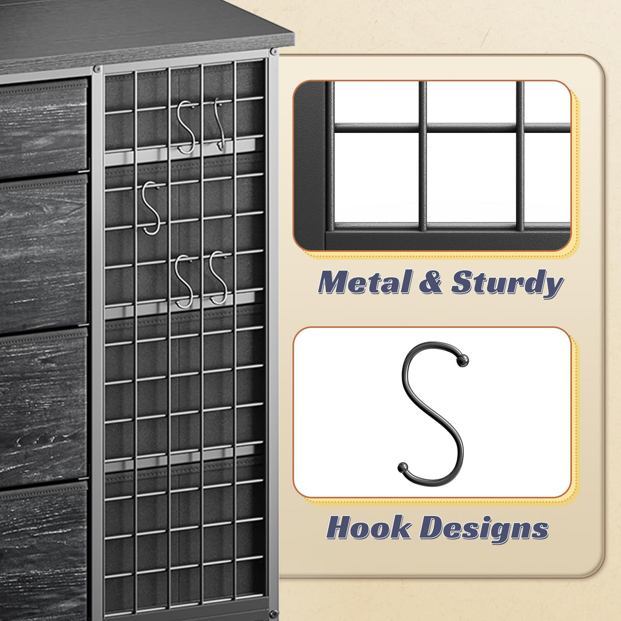 EnHomee 24 Drawers Black Dresser for Bedroom, Dressers & Chests of Drawers with 4 Wheels and 40“ * 23” Wide Wooden Top, Metal Frame, Organizer Island with Hooks for Bedroom, Cloakroom, Dressing Room EnHomee