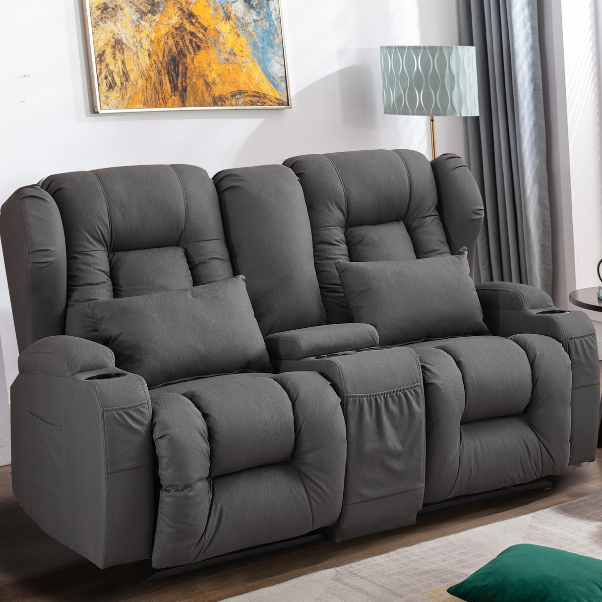 URRED Loveseat Recliner Sofa with Console, RV Manual Reclining Loveseat Couch Home Theater Seating with Cup Holders/Side Pockets/Pillows/Hide Storage for Living Room, Gray URRED