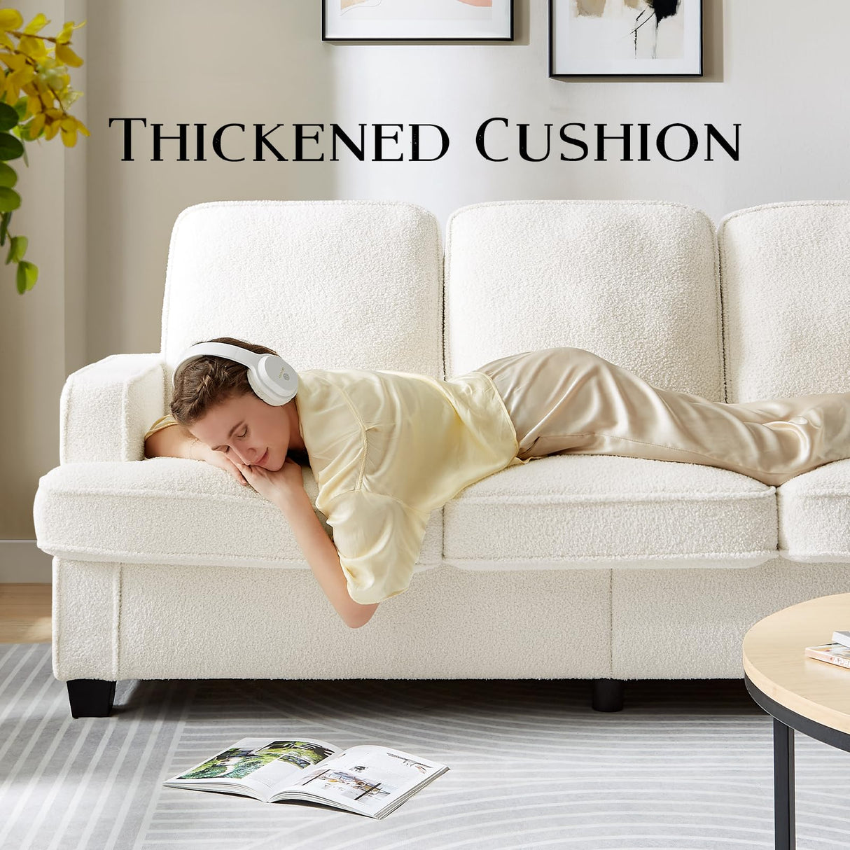 Zelimon Couches for Living Room, 82” Spacious Deep Seat Sofa for Living Room/Bedroom/Office/Apartment, Sofa Bed for Small Spaces, Detachable Futon Couch Cover, Easy to Install, Beige Teddy Fleece Zelimon