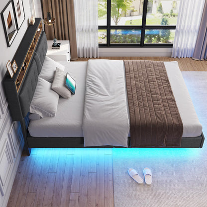 Modern DICTAC Queen Floating Bed Frame with LED Lights and Storage Headboard - WoodArtSupply