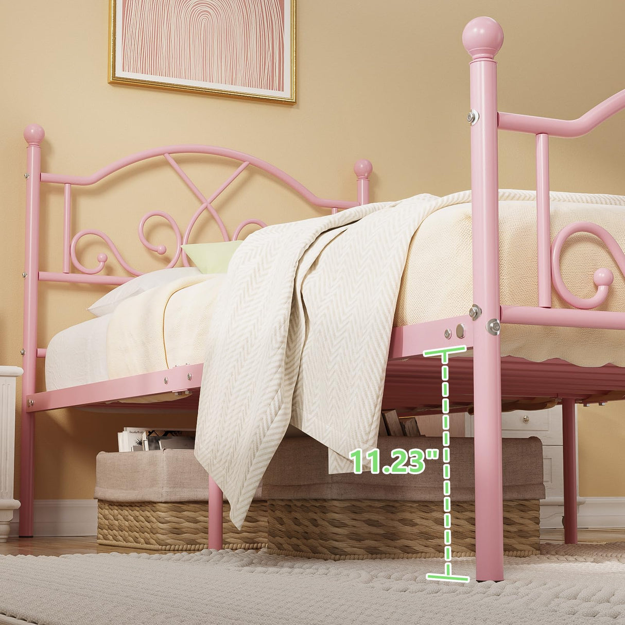 Weehom Twin Bed Frames, Modern Twin Size Metal Bed Frames for Kids Girls, No Box-Spring Needed Twin Platform Bed Frame with Unique Headboard and Footboard, 11.23 Inches Storage Space - Pink Weehom