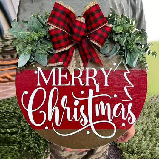 Chrismas Welcome Wreath Sign Decorations, Merry Christmas Hanging Sign for Front Door, Christmas Wooden Door Wreath with Bow for Holiday Rustic Farmhouse Outdoor Wall Window Decor (Merry Christmas)