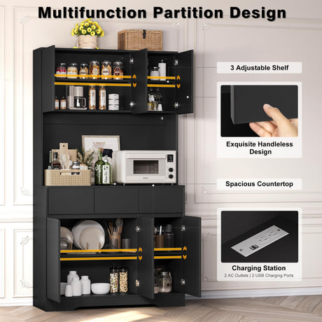 NBYSGO 71" Pantry Cabinet with Charging Station and LED Lights, Tall Kitchen Pantry Storage Cabinet with Microwave Stand, Modern Hutch with Storage Drawers for Dining Room, Living Room, Black NBYSGO