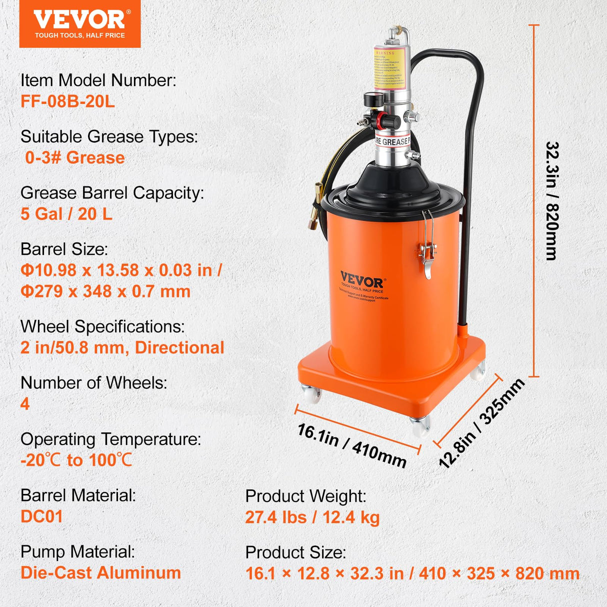 VEVOR Grease Pump, 5 Gallon Air Grease Pump with 13 ft High Pressure Hose and Grease Gun, 20L Pneumatic Grease Pump with Wheels, Portable Lubrication Grease Pump VEVOR