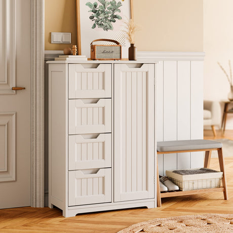 Gizoon 33" Small Kitchen Pantry Storage Cabinet with Door and Shelves, Pantry Cabinet Storage Cupboard, Freestanding Wooden Dresser with 4 Drawers for Bathroom and Dining Room, White Gizoon