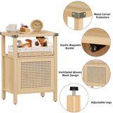 Lerliuo Rattan Nightstand, Boho Side End Table with Handmade Natural Rattan Decorated Door and Open Shelf, Wood Accent Night Stand with Storage, Bedside tables for Bedroom, Living Room (Natural) Lerliuo