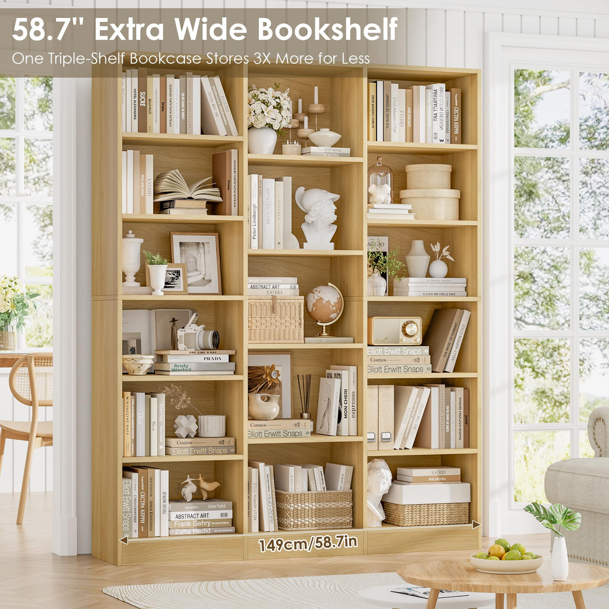 FACBOTALL Triple Wide Bookshelf, 6 Tier Large Bookshelf, Bookcase with 17 Open Display Shelves, 74'' Tall Bookcases and Bookshelves for Living Room, Home Office, Library, Natural FACBOTALL